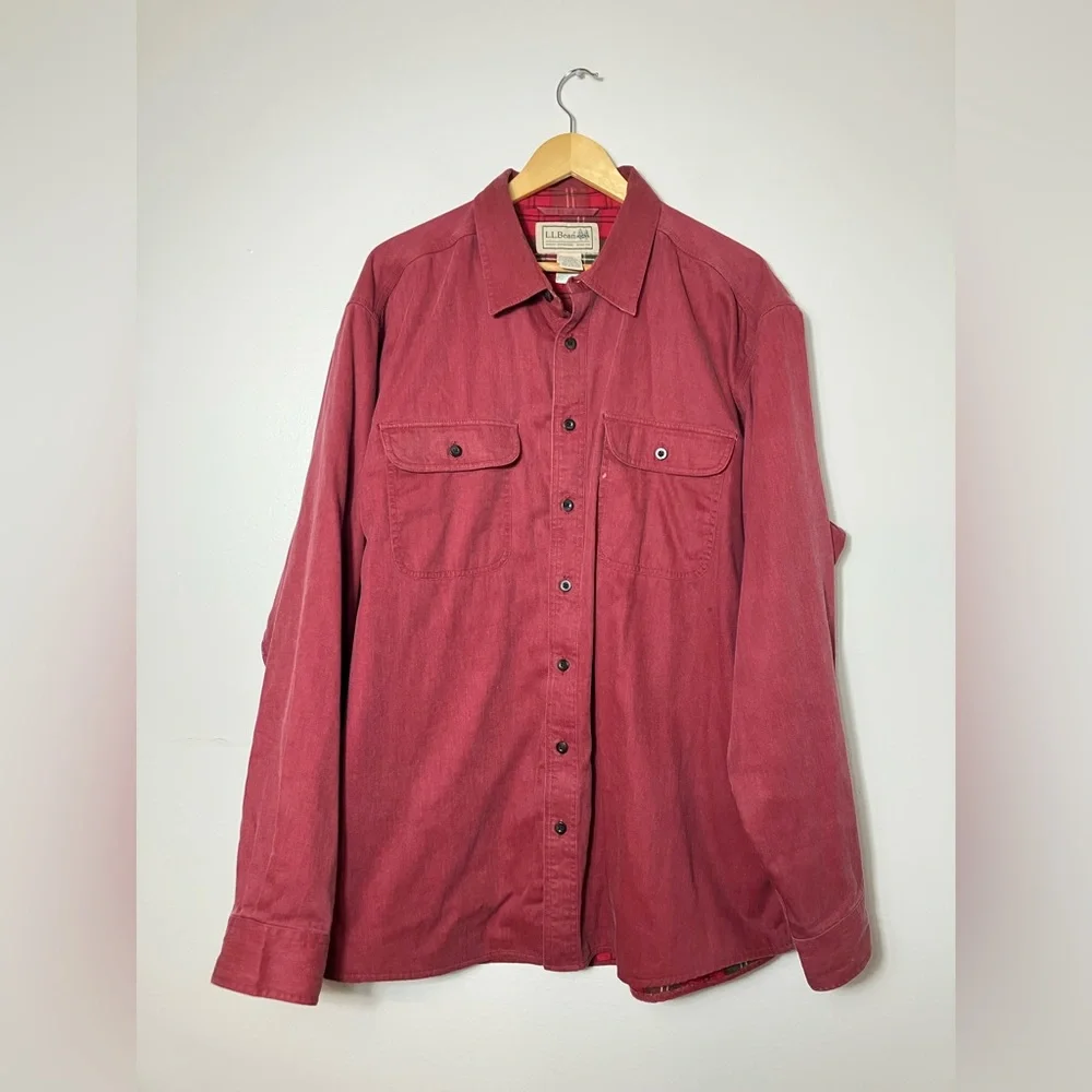 LL Bean Button‎ Up Shacket Men’s XL Red Plaid Fleece Lined Chore Farm Cotton